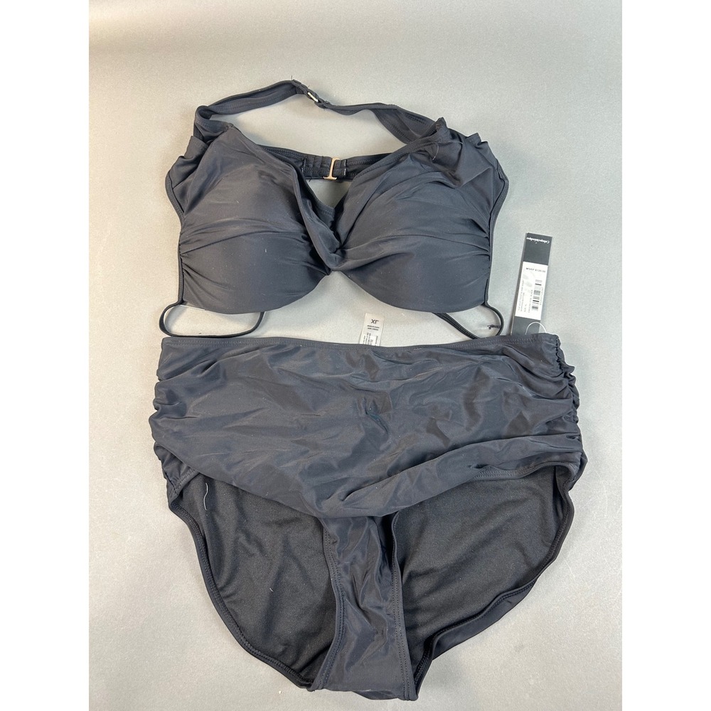 Catherine Malandrino Black Twist Front Bikini Top & High Waist Shirred Bottom - Picture 2 of 9
